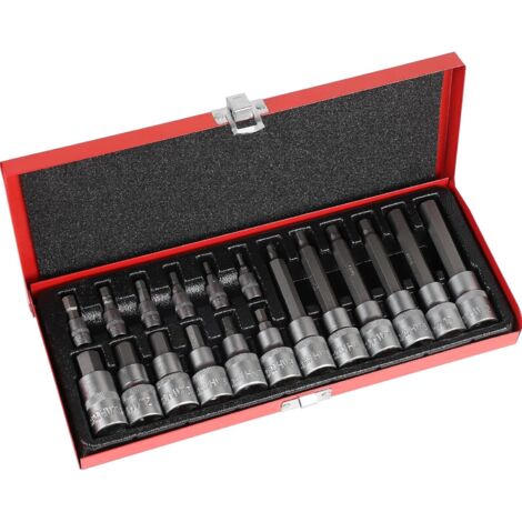 Set of 18 1/2" sockets: H6-H14 (55 mm long), H5-H12 (100 mm long) and 1/4" H3-H8. Hexagonal drive. Metal case set.