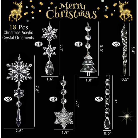 Set of 18 Crystal Christmas Tree Decorations, Acrylic Snowflake Icicles Christmas Decoration
