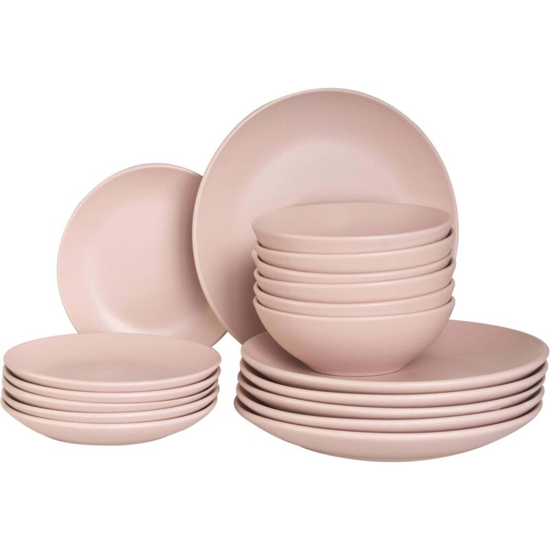 Beliani Set Of 18 Pieces Pink Stoneware Handmade Color Glaze Finish Service For 6 People Kitchen Dining Room Vivani