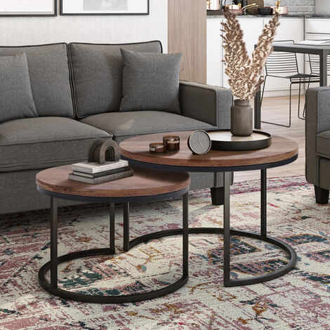 Set Of 2 Coffee Table Stacking Nested Side Round Wood Metal Furniture Zh0790 - Wood Metal Coffee Table Set