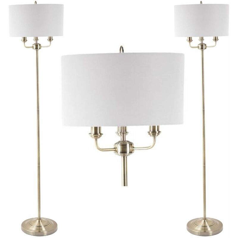 Pair of 3 Light Antique Brass Floor Standard Light with Grey Fabric Shade