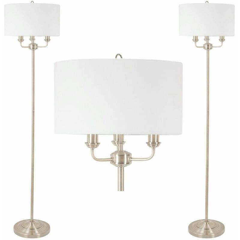 Pair of 3 Light Antique Brass Floor Standard Light with Light Cream Fabric Shade
