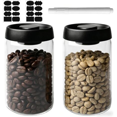 Set of 2 airtight 1.2L glass coffee tins with black lids and gold knobs, vacuum storage containers for coffee beans, tea, nuts