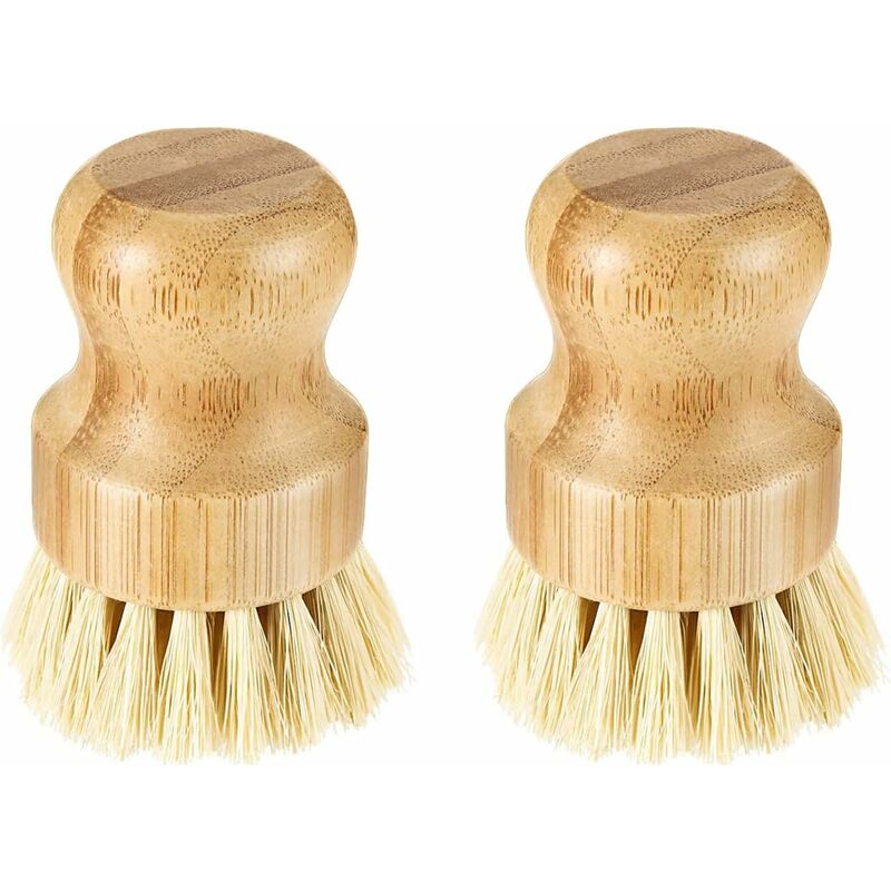 Set of 2 Bamboo Dish Brush, Wooden Round Dish Brush, Palm Dish Brush Dish Brush with Natural Bamboo, Natural Grey, Wood