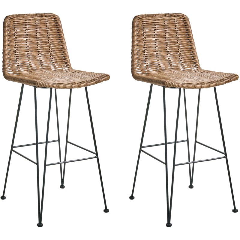 Beliani Set Of 2 Bar Chairs Brown Rattan Wicker Metal Frame Rustic Indoor Boho Design Cassita