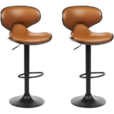 Set of 2 Bar Chairs CONWAY Faux Leather Swivel Golden Brown