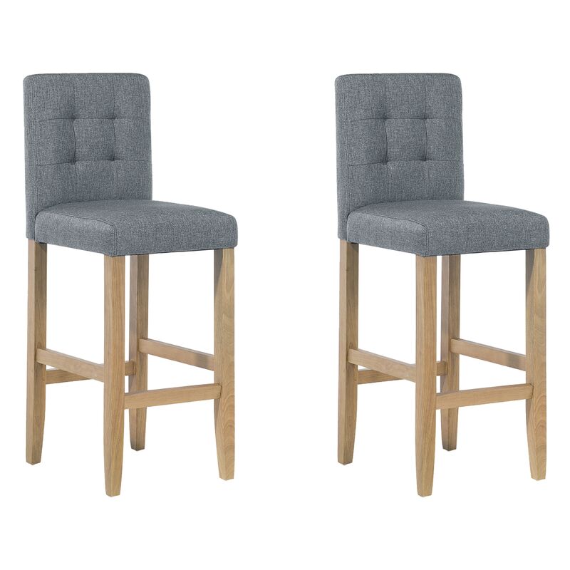 Set of 2 Button Tufted Grey Fabric Kitchen Bar Stools with Backrest Madison