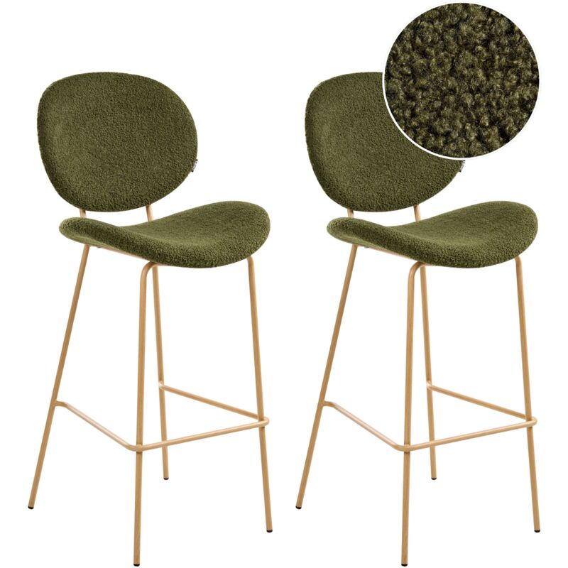 Beliani Set Of 2 Bar Chairs Dark Green Boucle Light Brown Wood-like Iron Legs Protection Caps Contemporary Retro Design Dining Room Seating Luana
