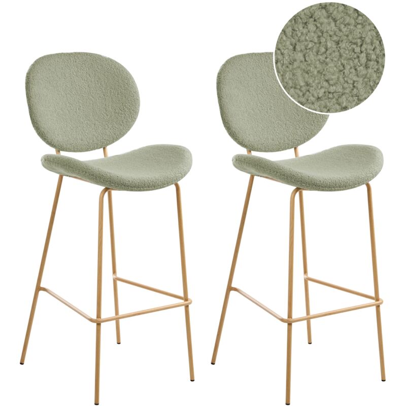 Beliani Set Of 2 Bar Chairs Light Green Boucle Light Brown Wood-like Iron Legs Protection Caps Contemporary Retro Design Dining Room Seating Luana