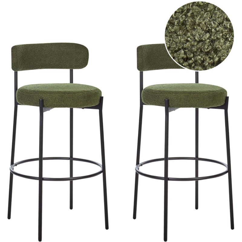Beliani - Set Of 2 Bar Stools Boucle Steel Black Legs Armless Leg Caps Dining Room Seating Dark Green Allison