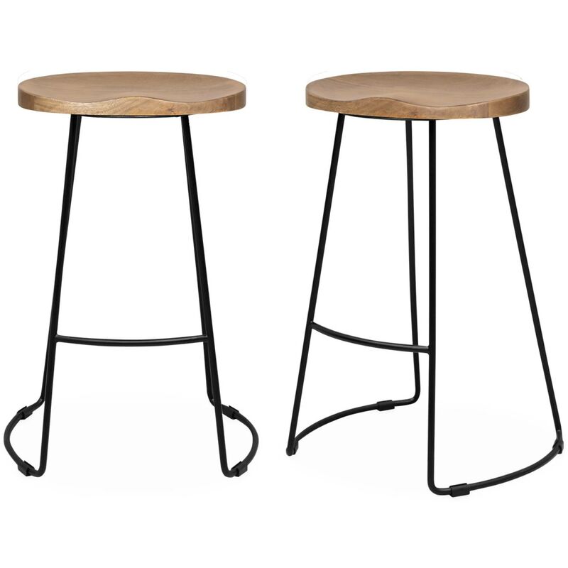Sweeek - Pair Of Industrial Metal And Wooden Bar Stools, Jaya, Natural, 44x36x65 Cm
