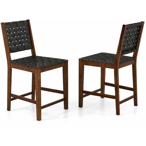 Set of 2 Bar Stools Woven Counter Height Chairs w/ Faux PU Leather Straps 24”