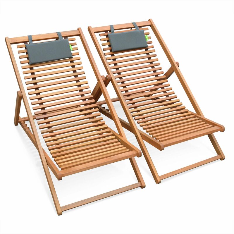 Set of 2 Bilbao slatted wood deck chairs, deck chair in FSC eucalyptus