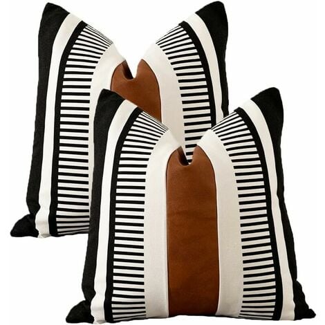 FUHUIDA TRADING Set of 2 Black White Bohemian Cushion Covers with Modern Leather 18 x 18 Inch Firm Stripe Pillow Case for Sofa Bed