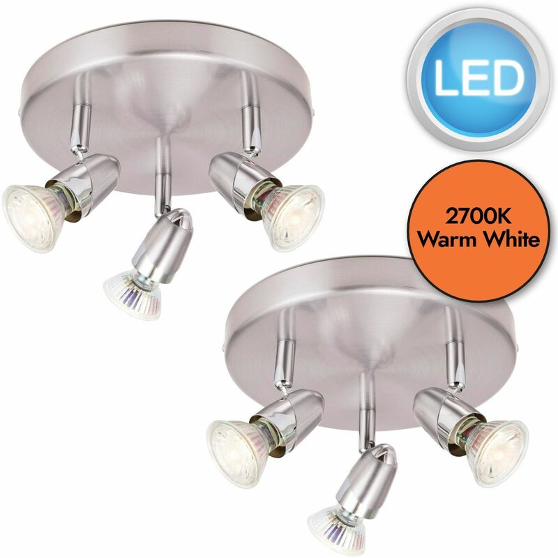 Set of 2 Brushed Chrome 3 Way Spotlights with LED Bulbs
