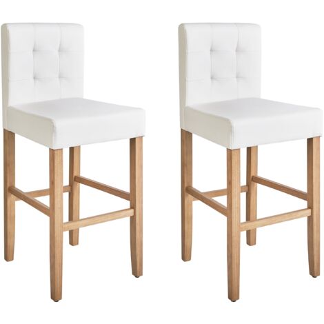 Set of 2 Button Tufted Off-White Faux Leather Bar Stools with Backrest Madison