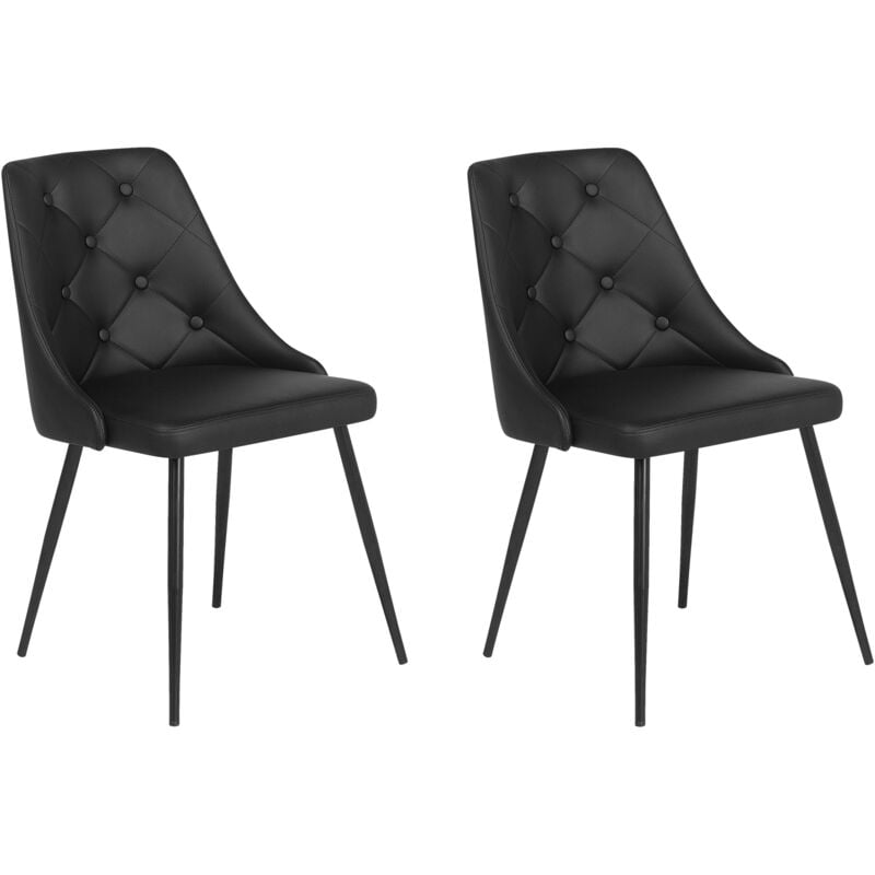 Set of 2 Buttoned Faux Leather Dining Chairs Black Steel Legs Valerie