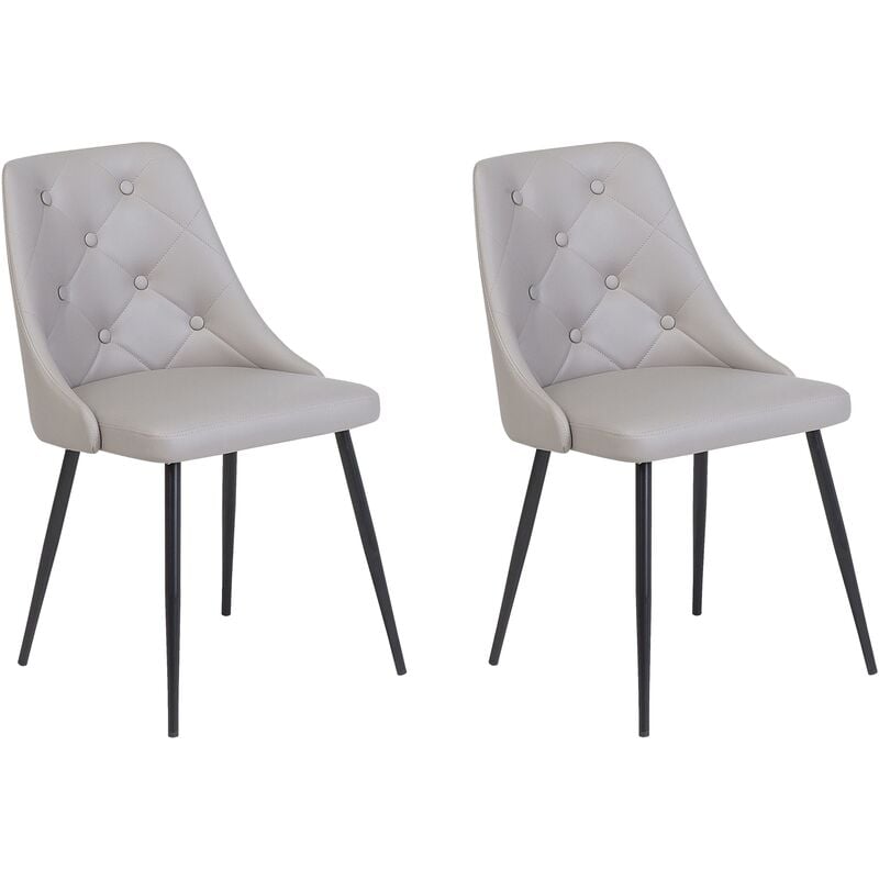 Set of 2 Buttoned Faux Leather Dining Chairs Steel Legs Light Grey Black Valerie