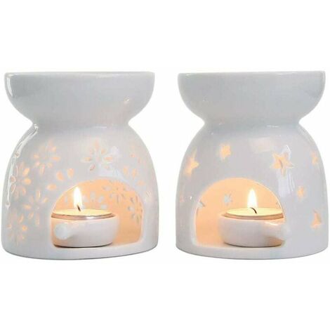 Set of 2 Ceramic Candle Burners, Aromatherapy Essential Oil Burner Fragrance Lamps Diffuser Hollow Star Shape Candle Holder with Spoon Candle Milky White 11.5 x 9.6cm