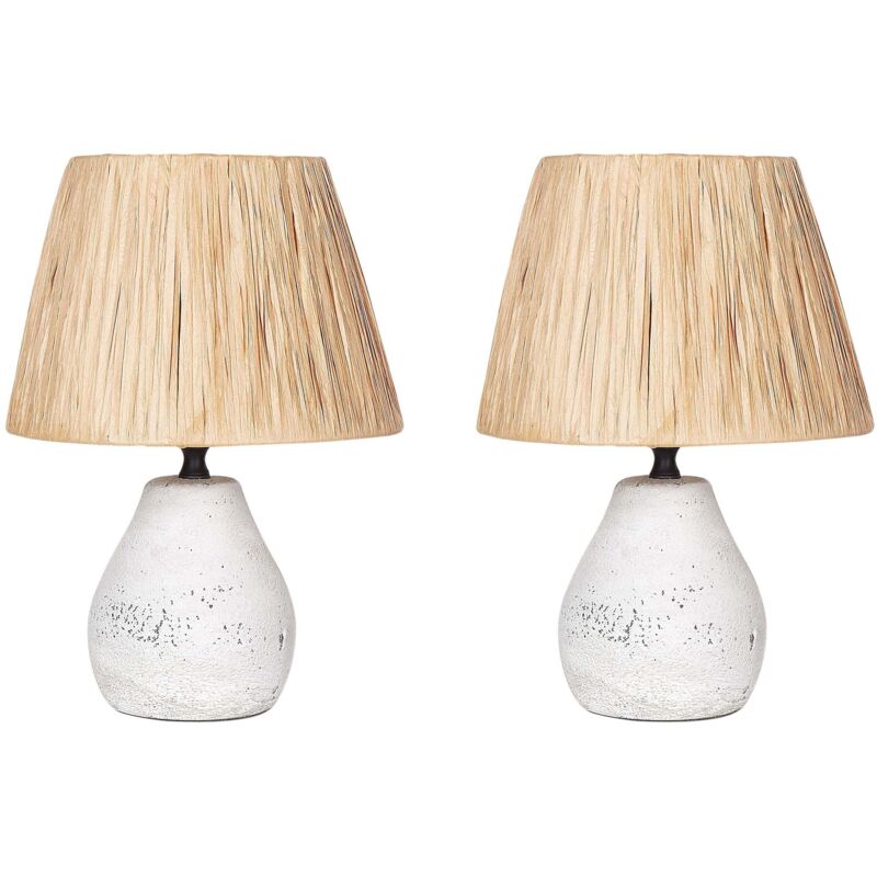 Beliani - Set of 2 Ceramic Table Lamps Bedside Light with Paper Cone Shades Distressed Effect White and Natural Arwadito
