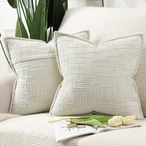 Set of 2 Chenille Accent Cushion Covers with Decorative Trim, Soft for Sofa, Bedroom & Living Room, Modern Home Decor, Cream White, 45x45 cm
