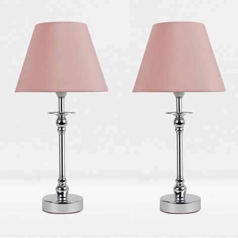 main image of "Chrome Bedside Table Light with Blush Pink Blue Ochre Grey White Fabric Shade"