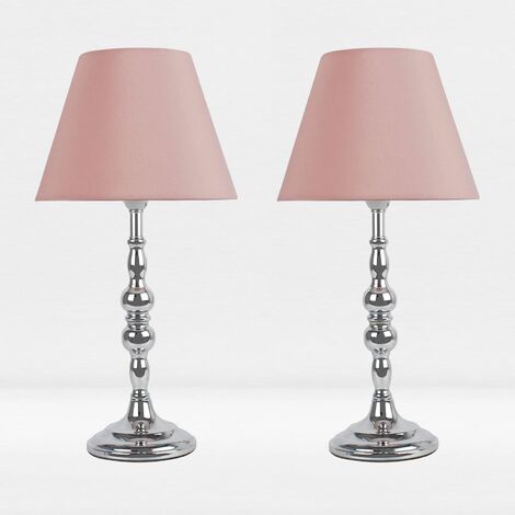 main image of "Chrome Plated Bedside Table Light with Blush Pink Blue Ochre Grey White Fabric Shade"