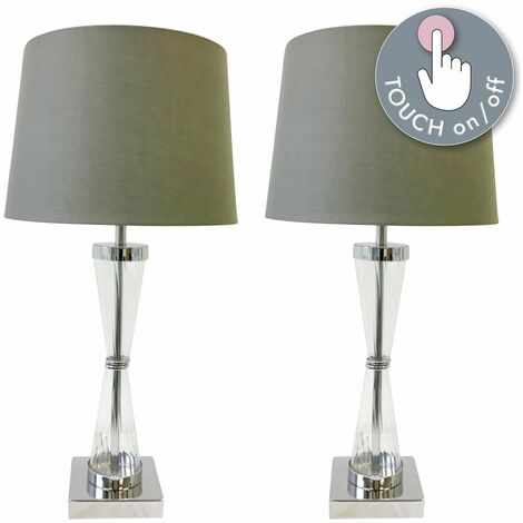 Set of 2 Chrome Touch Lamps with Grey Cotton Shades - Polished chrome plate with clear acrylic detail and grey cotton