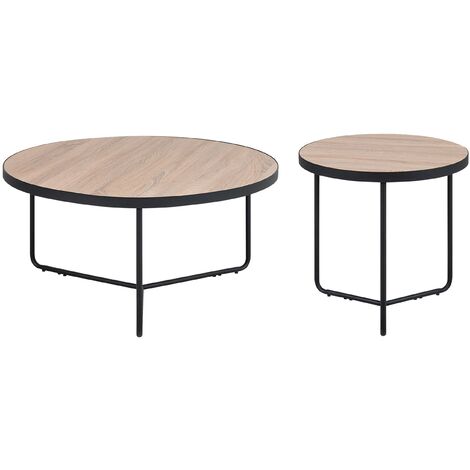 main image of "Set of 2 Coffee Tables Light Wood Top Black Metal Legs Melody Big and Medium"