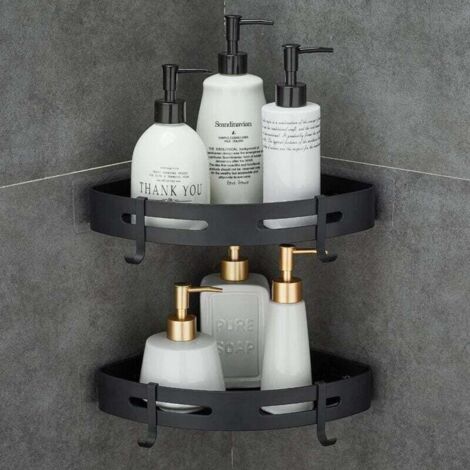 Set of 2 Corner Shower Shelves, No Drilling Required, Metal with 2 Shower Hooks, Rustproof, Self-Adhesive (Black)