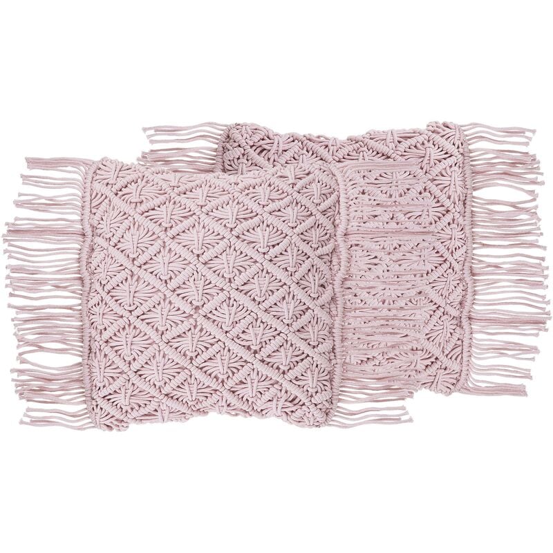 Beliani - Set of 2 Modern Cotton Scatter Cushions Boho Tassels 40 x 40 cm Pink Yaniklar