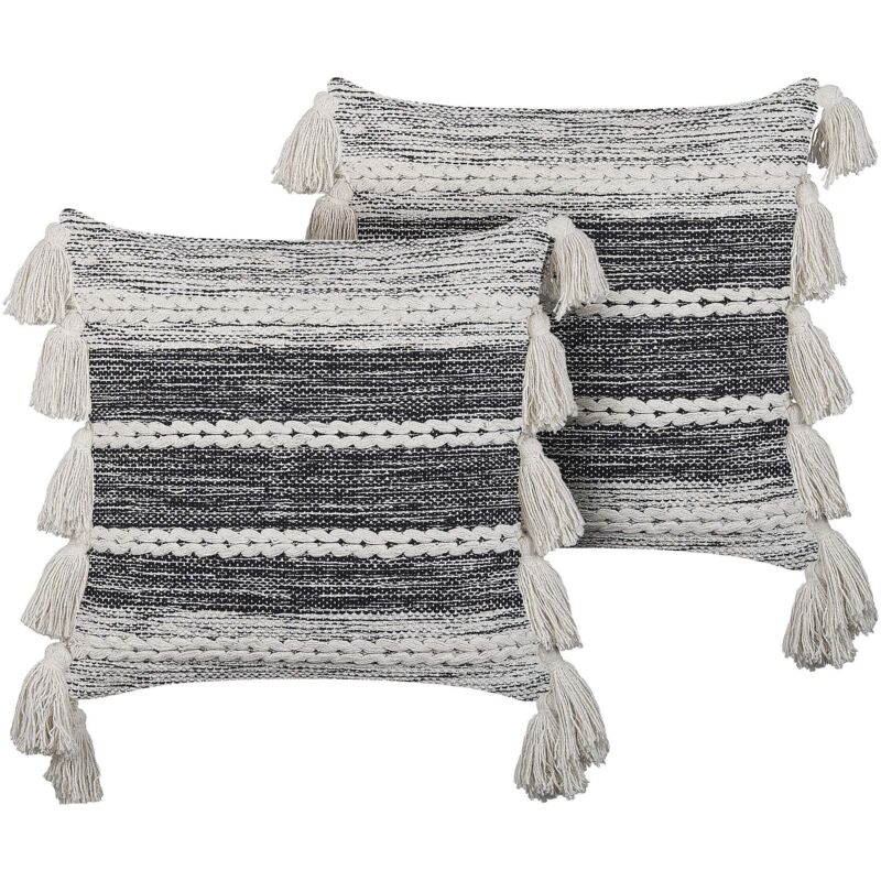 Beliani Set Of 2 Decorative Cushions Rochea Cotton 45 X 45 Cm Black Striped