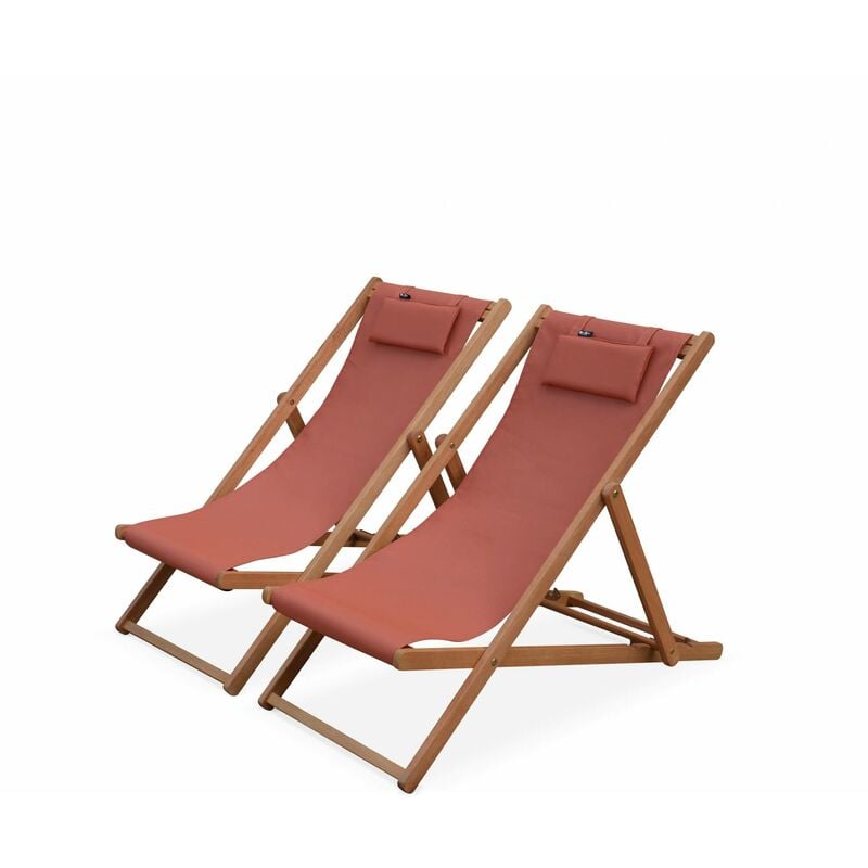 Pair of eucalyptus deck chairs with headrest cushions, Creus, Terracotta, 102x56x86 cm