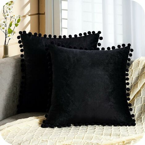 Set of 2 Cushion Covers in Artificial Wool and Velvet, Soft Plush Decorative Pillow Case with Wave Pattern, Pure Black Cushion Cover for Sofa, 45x45CM