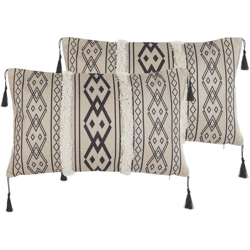 Beliani Set Of 2 Decorative Cushions Pulmonaria 30 X 50 Cm Beige Geometric Pattern