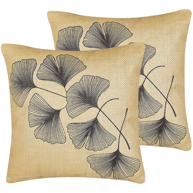 Beliani - Set Of 2 Decorative Toss Pillows Leaves Print 45 X 45 Cm Cushions Beige Wakad