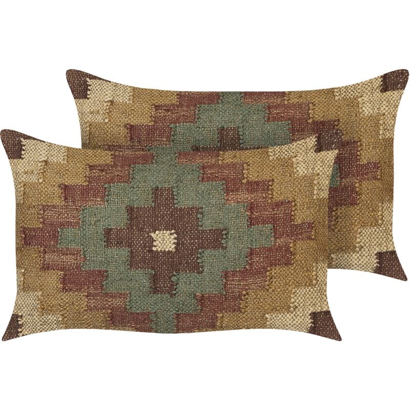 Set of 2 Cushions Oriental Ethnic Pattern Jute Wool 30x50 cm Multicolour Maguri