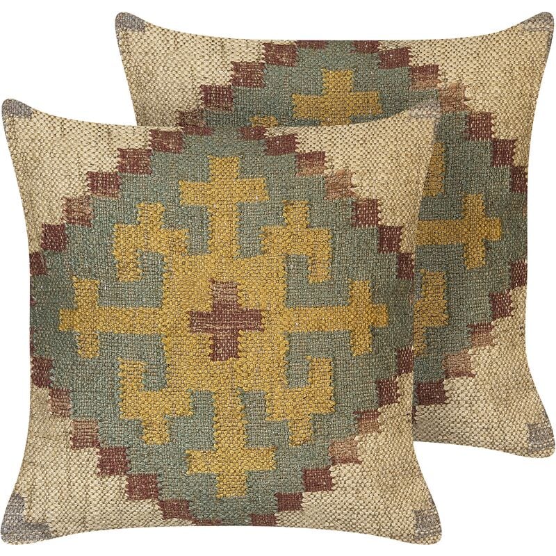 Set of 2 Cushions Oriental Ethnic Pattern Jute Wool 45x45 cm Multicolour Saron