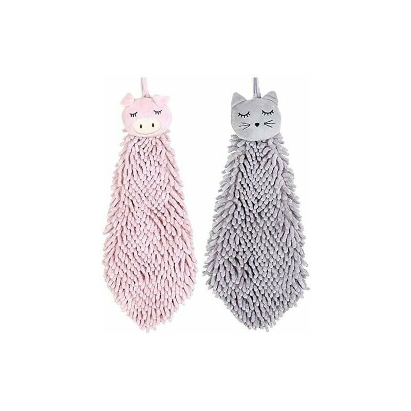 Set of 2 cute animal hand towels for kitchen and bathroom, soft and fluffy microfiber material, suitable for children and adults (cat and pig).