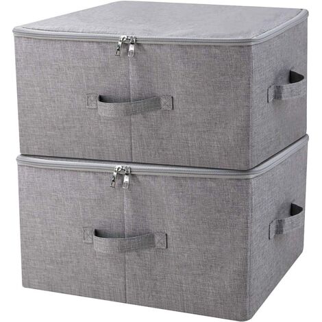 Set of 2 Dark Grey Linen Folding Storage Boxes with Lids, Handles and Removable Dividers, for Drawers and Cupboards