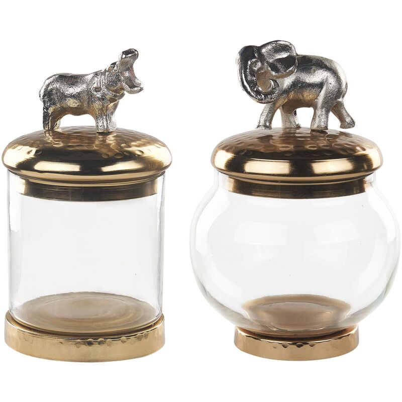 Set of 2 Decorative Containers Aluminium Jars Animal Decor Gold and Silver Laki