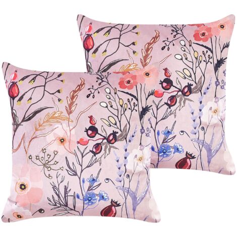Set of 2 Decorative Cushions ANEMONES Velvet 45 x 45 cm Pastel Pink Floral Pattern