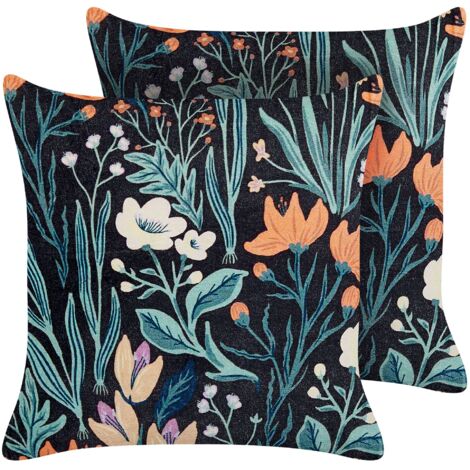 Set of 2 Decorative Cushions OSMUNDA Velvet 45 x 45 cm Black Floral Pattern