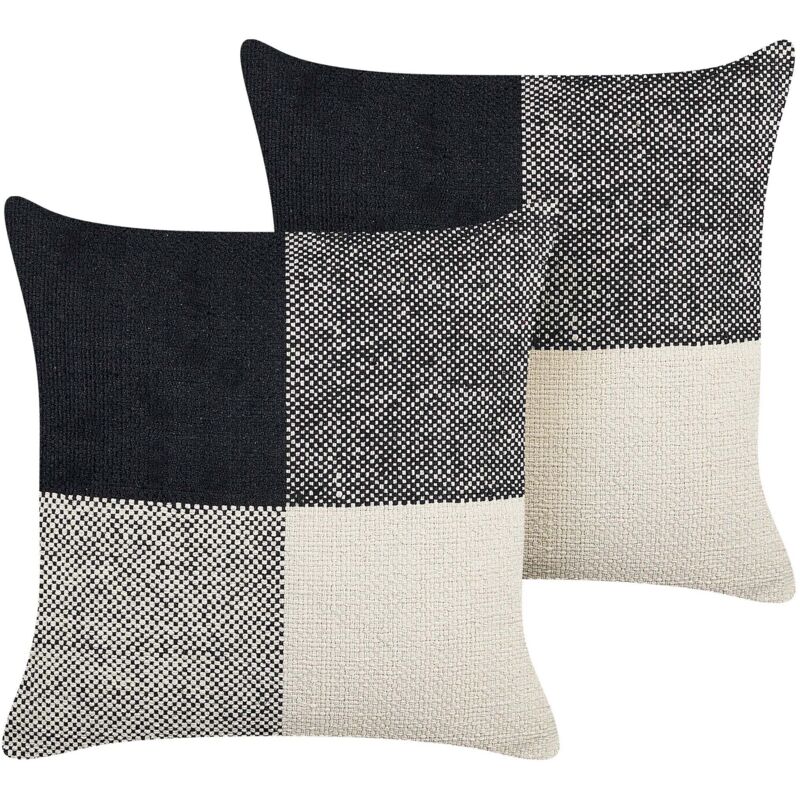Beliani - Set Of 2 Decorative Scatter Pillows Cotton Black Light Beige Patchwork 45 X 45 Cm Laelia