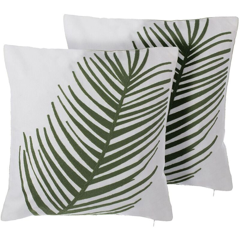 Beliani - Set of 2 Decorative Throw Cushions Cotton White Green Leaf Motif 45 x 45 cm Azami