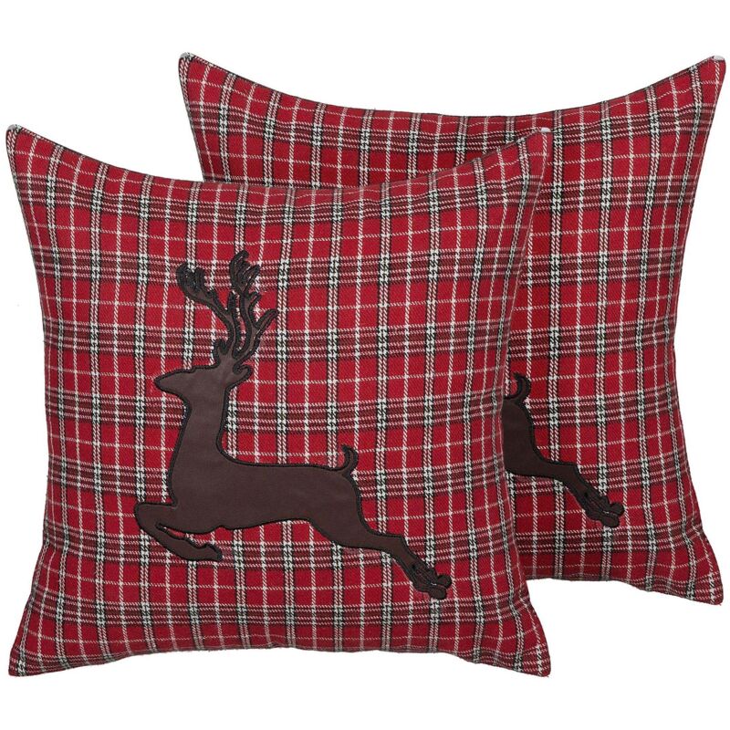 Beliani Set Of 2 Decorative Cushions Comet 45 X 45 Cm Dark Red Christmas Motif