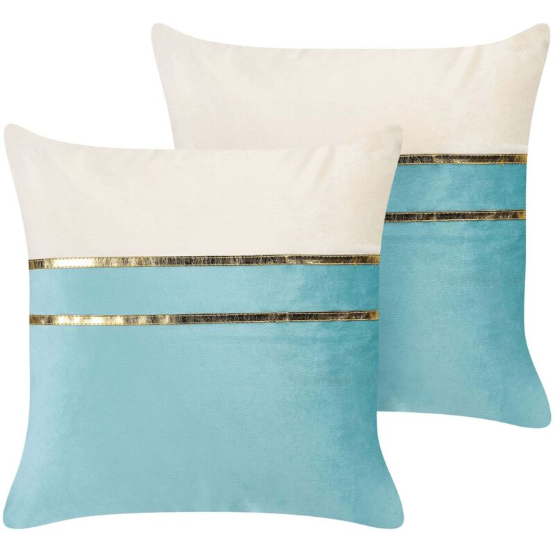 Beliani Set Of 2 Decorative Cushions Allium Velvet 45 X 45 Cm Blue Striped