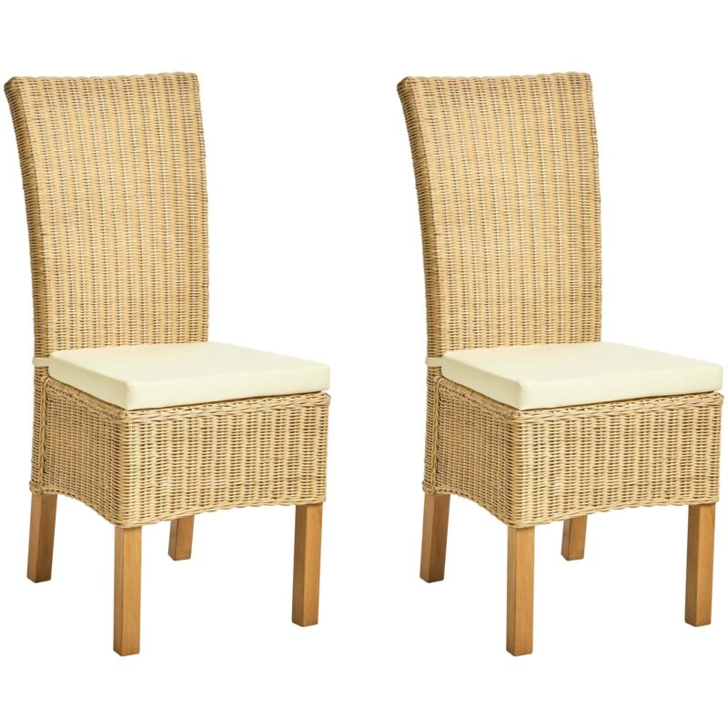 Beliani Set Of 2 Dining Chairs Natural Rattan Wicker Mango Wood Legs Boho With Cushions Indoor Modern Design Andes