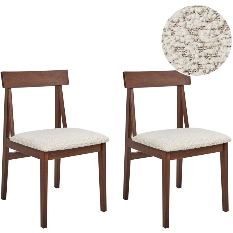 Beliani Set Of 2 Dining Chairs Beige Boucle Polyester Seat Dark Wood Frame Isle