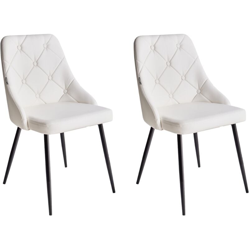 Set of 2 Buttoned Faux Leather Dining Chairs Black Steel Legs White Valerie